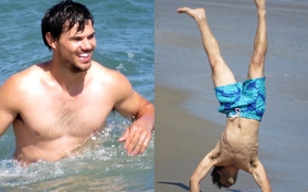 Taylor Lautner cởi áo, “trồng cây chuối” bên bờ biển