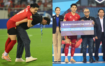 VIP nhất Đình Bắc: Được HLV Kim Sang-sik đích thân cõng lên nhận giải Cầu thủ xuất sắc nhất Asean Cup 2026, tình thầy trò quá đáng yêu