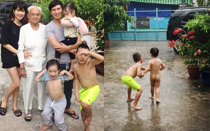 Khoảnh khắc con trai Lý Hải vô tư cởi trần tắm mưa ở quê nội