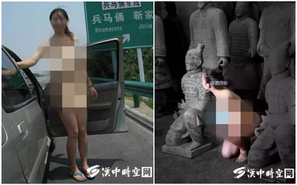 Cô gái trẻ khỏa thân hồn nhiên tạo dáng bên tượng binh mã trong lăng mộ Tần Thuỷ Hoàng