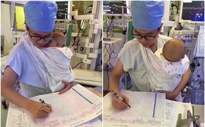 Nam y tá trẻ vừa địu bệnh nhi khóc ngằn ngặt vừa say sưa làm việc gây sốt mạng xã hội