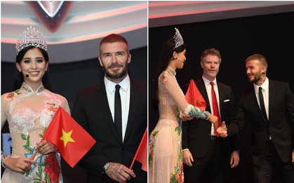 Khoảnh khắc cực hot: Hoa hậu Tiểu Vy mặc Áo dài, rạng rỡ bắt tay David Beckham