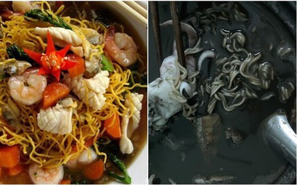 Nghe bạn xui dại để nguyên túi mực, anh chàng mếu máo vì mỳ hải sản biến thành "mỳ bóng đêm"