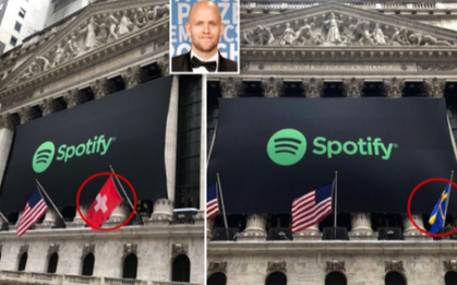 Spotify quê Thụy Điển nhưng sao chứng khoán New York lại đem cờ Thụy Sỹ ra chào mừng mới hay