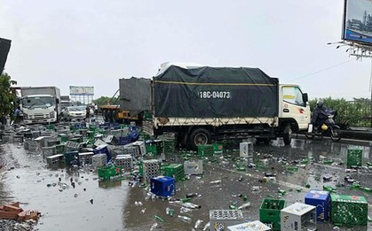 Hải Phòng: Chai bia vỡ tung tóe rải đầy mặt đường, Quốc lộ 5 tắc nghẽn dài