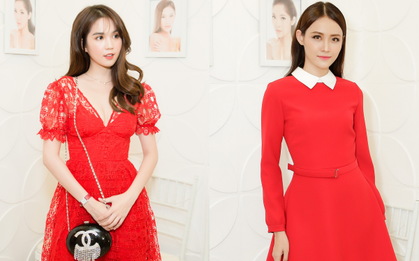 Ngọc Trinh rạng rỡ, Trương Mỹ Nhân khoe chân dài khi cùng diện đầm đỏ nổi bật dự sự kiện