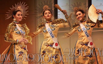 Tường San quyền lực khi trình diễn Quốc Phục "rồng chầu mặt trời", đuôi áo dài 3 mét trên sân khấu Miss International