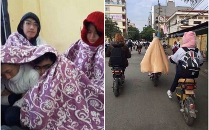 Thời tiết mới trở lạnh, học trò thi nhau quấn chăn đi học, đúng kiểu "mùa đông là quá lạnh để xa... chăn"