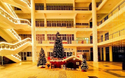 Trường nhà người ta trang trí Giáng sinh: Rực sáng cả một vùng trời, lại còn có tuyết phủ kín trong sảnh toà nhà