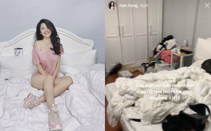 Hàn Hằng tổ chức “room tour”, tự tin cho xem phòng ngủ ngập ngụa trong quần áo và rác: Anh nào dám yêu không nè?