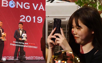 Huỳnh Anh ngắm nhìn say đắm, chăm chú ghi lại khoảnh khắc Quang Hải lên bục nhận giải