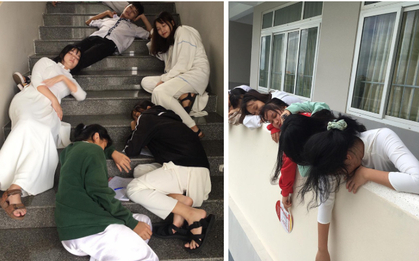 Chết cười với bộ ảnh học trò nằm la liệt khắp cầu thang, lớp học than thở mùa thi cuối kỳ