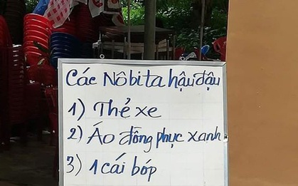 Sinh viên hay bỏ quên đồ trong canteen, cô phục vụ viết tấm bảng "dằn mặt", đọc là yêu