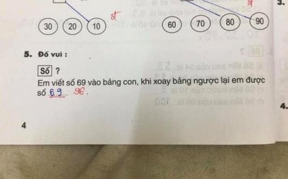 Bài Toán: "Viết số 69 ra bảng, xoay ngược lại được số bao nhiêu?", học sinh nói 69, cô giáo bảo 96