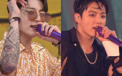 Jungkook (BTS) lần đầu lộ hình xăm cánh tay trên stage quá là "bad boy", mặc crop top khoe body làm MXH nổ tung!