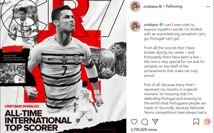 Ronaldo viết "tâm thư" xúc động sau khi trở thành chân sút vĩ đại nhất cấp ĐTQG