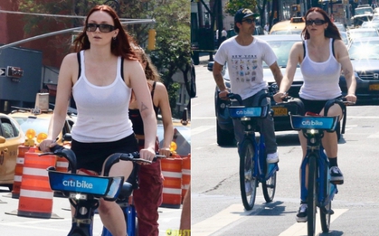 Sophie Turner để mặt mộc xinh đẹp đạp xe dạo phố cùng chồng