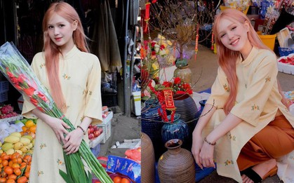 Xoài Non xinh đẹp rạng rỡ trong tà áo dài truyền thống, vui vẻ đón Tết ở quê ngoại