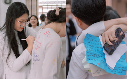 Học sinh lớp 12 trao nhau cái ôm, viết vội dòng lưu bút ngày bế giảng: Hóa ra trưởng thành cũng là lúc phải nói lời tạm biệt