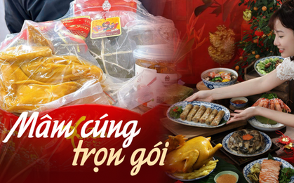 Mâm cỗ Tết giao tận nhà năm nay được săn lùng, nguyên con gà luộc, bánh chưng, canh măng đóng gói thành giỏ như quà biếu mang về