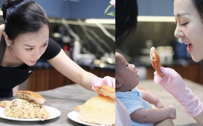 Phương Oanh đang ở cữ vẫn tự tay nấu ăn cho Shark Bình, cặp nhóc tỳ sinh đôi gây chú ý khi xuất hiện trong bếp cùng mẹ