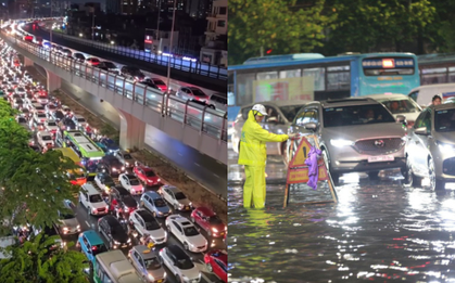 Nhiều tuyến phố Hà Nội ngập thành sông sau cơn mưa tầm tã giờ tan tầm, ùn tắc dài cả giờ đồng hồ