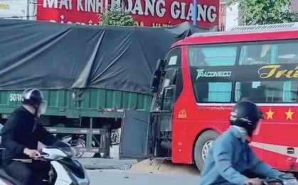 Xe khách dính chặt xe đầu kéo, nhiều người bị thương