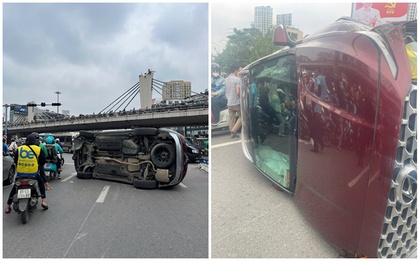 Nguyên nhân vụ ô tô Santa Fe lật nghiêng giữa Ngã Tư Sở khiến giao thông ùn tắc