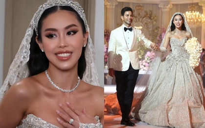 Váy cưới của Tiên Nguyễn được đặt thiết kế riêng ở nước ngoài rồi vận chuyển về Việt Nam
