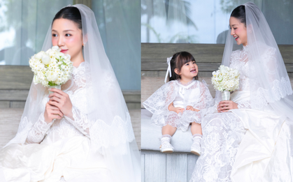 Ảnh váy cưới nét căng của cô dâu Salim, Pam như thiên thần nhỏ mặc đầm trắng bên mẹ