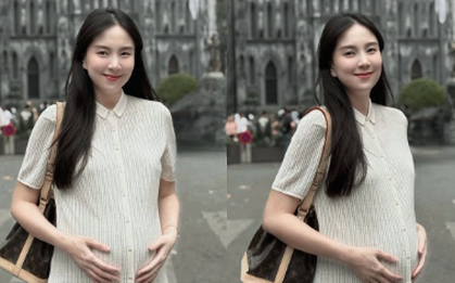 Mai Ngọc diện chiếc váy mà nổ inbox hội mẹ bầu hỏi địa chỉ mua, trông đơn giản mà diện lên nhẹ nhàng, tinh tế