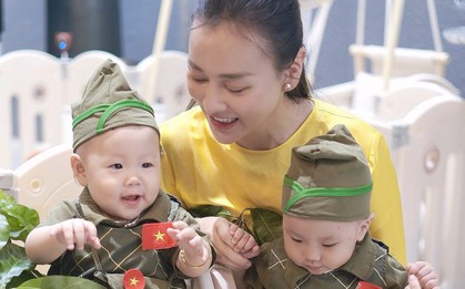 Cặp sinh đôi nhà Phương Oanh - shark Bình hóa thân thành chiến sĩ nhí, hành động ngộ nghĩnh khiến ai cũng bật cười