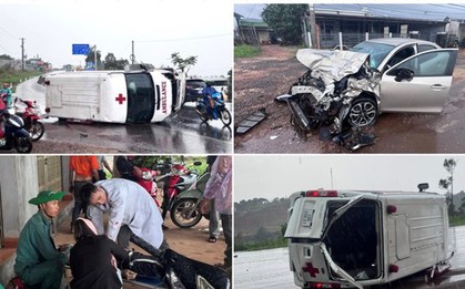 Nhiều người bị thương sau vụ xe cứu thương quay vòng, lật nghiêng khi va với ô tô con