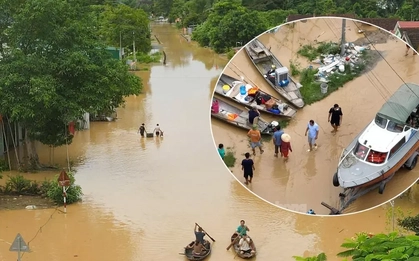Lũ trên sông Lam dâng cao, quốc lộ hóa sông, người dân chèo thuyền sơ tán tài sản