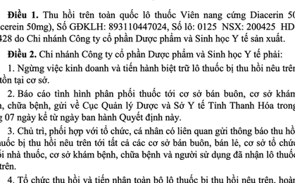 Thu hồi toàn quốc lô thuốc Diacerin 50 do vi phạm chất lượng