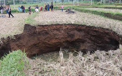Ruộng lúa bất ngờ xuất hiện hố sụt sâu 5,7 mét, dân đổ xô đến xem