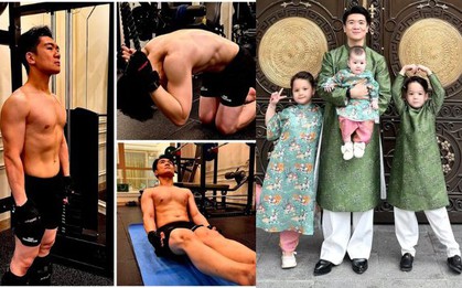 Bố đơn thân nghìn tỷ nhà bầu Hiển khoe cơ bắp cực phẩm ngày tết, diện áo dài bế con lại được khen khéo chăm