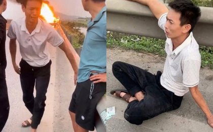 Tài xế xe tải quỳ sụp bật khóc khi chứng kiến hơn chục xe máy đang chở ra Hà Nội hóa tro tàn giữa cao tốc