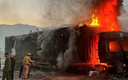 Xe đầu kéo bốc cháy dữ dội, tài xế thoát chết trong gang tấc