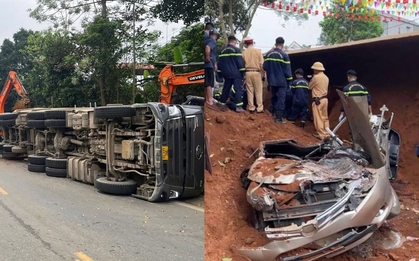 Hiện trường vụ xe đầu kéo đang đi thì đổ ra đường, đè 2 phụ nữ tử vong ở Phú Thọ