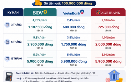 Tháng 5 cầm 100 triệu đồng đi gửi tiết kiệm tại BIDV, Agribank, VietinBank: Tiền lãi được bao nhiêu?
