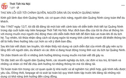 Fanpage Thời Tiết Hà Nội xin lỗi sau bài đăng cảnh báo thời tiết ở Quảng Ninh