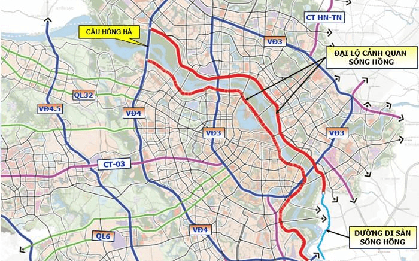 Trục đại lộ cảnh quan sông Hồng dự kiến dài 80km với 10 làn xe, kết nối 2 bên sông bằng 17 cây cầu