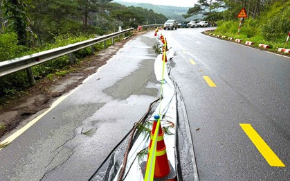 Vết nứt dài 50m lan rộng gần nửa mặt đường trên đèo Mimosa ở Đà Lạt