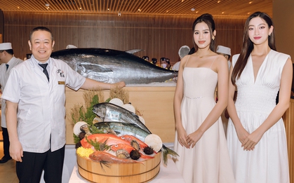 Hoa hậu Lương Thuỳ Linh và Đỗ Hà chấp nhận thử thách làm sushi cá ngừ với bếp trưởng người Nhật