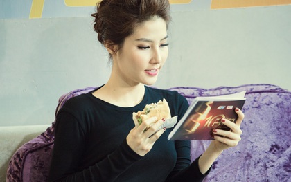 Diễm My 9x diện cây đen sang trọng, ăn vội bánh mì khi đi tổng duyệt