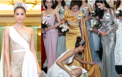 Phạm Hương ân cần chỉnh váy cho Mâu Thủy trong họp báo công bố Top 70 thí sinh lọt vào Bán kết "Miss Universe 2017"