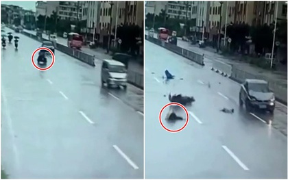 Video: Bị ô tô đâm trúng, 2 người đi xe máy điện bị hất tung lên trời, văng xa vài chục mét