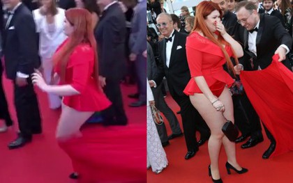Khoảnh khắc người mẫu Nga tụt váy, lộ cả nội y trên thảm đỏ Cannes bị "khui" lại