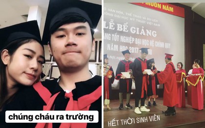 Vợ chồng Tùng Sơn và Trang Lou khoe ảnh cùng nhau khoác áo cử nhân, tốt nghiệp ĐH Mỹ Thuật